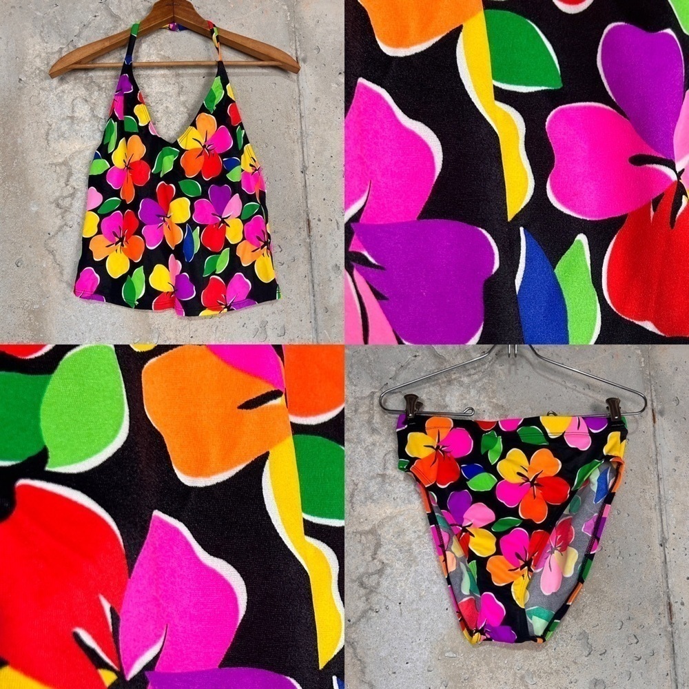 Vintage Catalina two piece halter high cut bottom bright floral swim suit medium